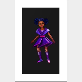 Anime girl with two puffs. Black afro anime girl in purple from outer space ! beautiful  black girl with Braided hair, blue eyes, Cherry pink lips and dark brown skin. Hair love ! Posters and Art